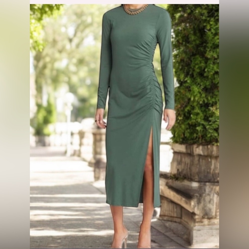 NORDSTROM. Brand:  OPEN EDIT Ruched Long Sleeve Midi Dress In Green Cilantro M